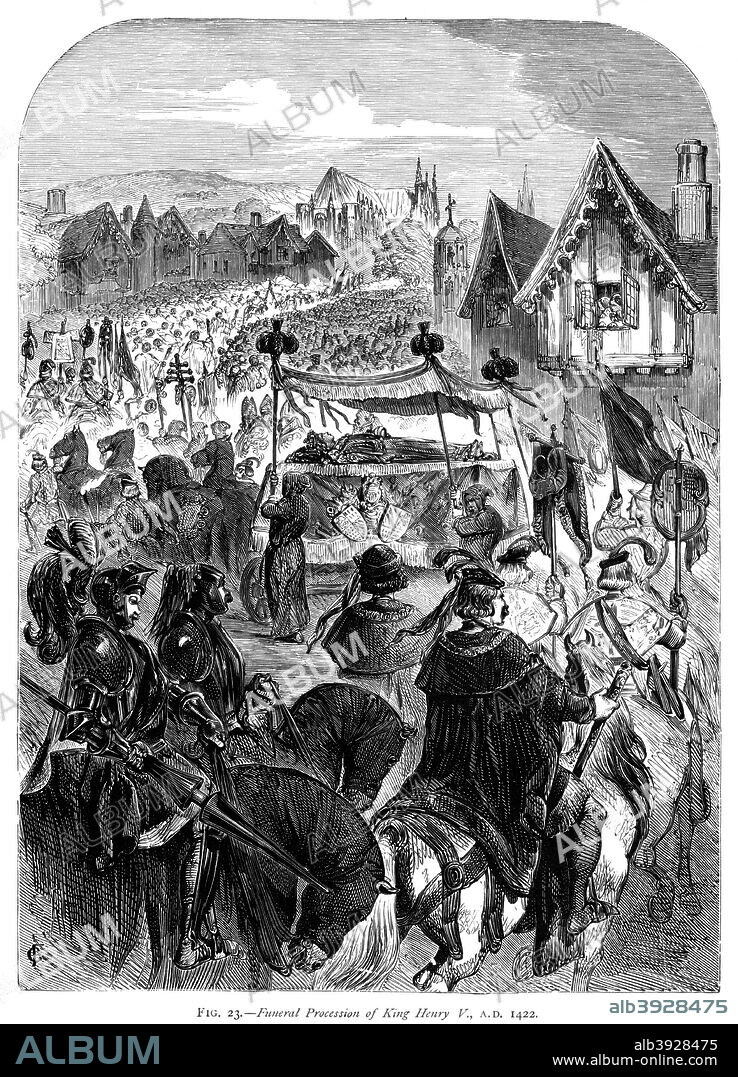 Funeral procession of King Henry V, 1422. Henry V (1387-1422) reigned as King of England from 1413 to 1422. He was son of Henry of Bolingbroke (later Henry IV) and Mary de Bohun (who died before Bolingbroke became king). He is popularly regarded as one of England's greatest kings, primarily because of his exploits in war against the French, beginning with his victory at Agincourt in 1415.