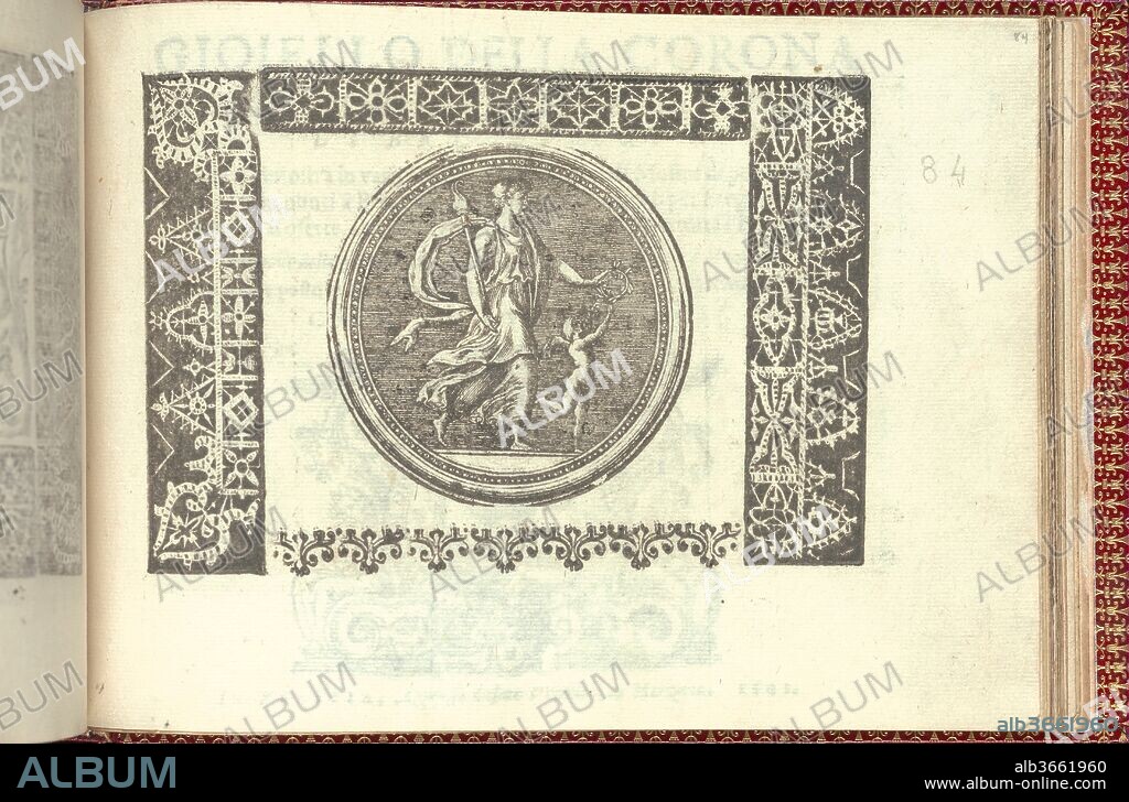 Corona delle Nobili et Virtuose Donne: Libro I-IV, page 84 (recto). Dimensions: Overall: 5 1/2 x 7 11/16 in. (14 x 19.5 cm). Published in: Venice. Publisher: Cesare Vecellio (Italian, Pieve di Cadore 1521-1601 Venice) , Venice. Date: 1601.
Published by Cesare Vecellio, Italian, Pieve di Cadore 1521-1601 Venice, Venice.
From top to bottom, and left to right:
Design consists of central circle that frames an illustration of a robed female figure holding a torch that walks behind a jumping cherub. This central element is framed on all sides by decorative borders.