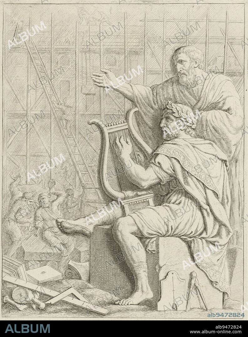 Relief with Amphion and Zethos in the Citizens' Hall of the Stadhuis op de Dam, Hubert Quellinus, after Artus Quellinus (I), 1719 - 1783, Relief with Amphion and Zethos above the door of the Justice Room on the east side of the Citizens' Hall in the Stadhuis op de Dam in Amsterdam. On the right Amphion, playing his lyre, with behind him his brother Zethos. According to the myth, thanks to Amphion's lyre-playing, the stones collected by Zethos automatically piled up to form the city wall of Thebes. In the background, however, it is not the wall around Thebes that is being built but Amsterdam's city hall. On the one hand this symbolizes how harmony, here derived from music, promotes the growth of the building. On the other hand, it carries a message for the regents: harmony within the city government and a harmonious policy will lead to harmony among the residents and make the city prosper. Numbered at lower right: XLIV., print maker: Hubert Quellinus, Hubert Quellinus, Artus Quellinus (I), Amsterdam, 1663 and/or 1719 - 1783, paper, etching, engraving, h 292 mm × w 210 mm.
