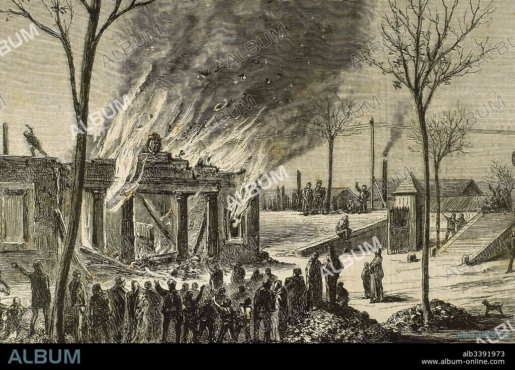 Historia de España, siglo XIX. La impopularidad del impuesto de consumo se tradujo en actos violentos. Tumulto popular: incendio de un fielato en las afueras del portal de San Carlos, en Barcelona, año 1872. Grabado por Capuz. La Ilustración Española y Americana, 1872.