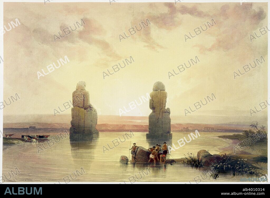 'The Colossi of Memnon, at Thebes, during the Inundation', Egypt, c1845. Two 70ft/21m stone statues of Amenhotep III (Amenophis III) that stood in front of the mortuary temple that is now destroyed. From Egypt and Nubia, Vol 1, by David Roberts.