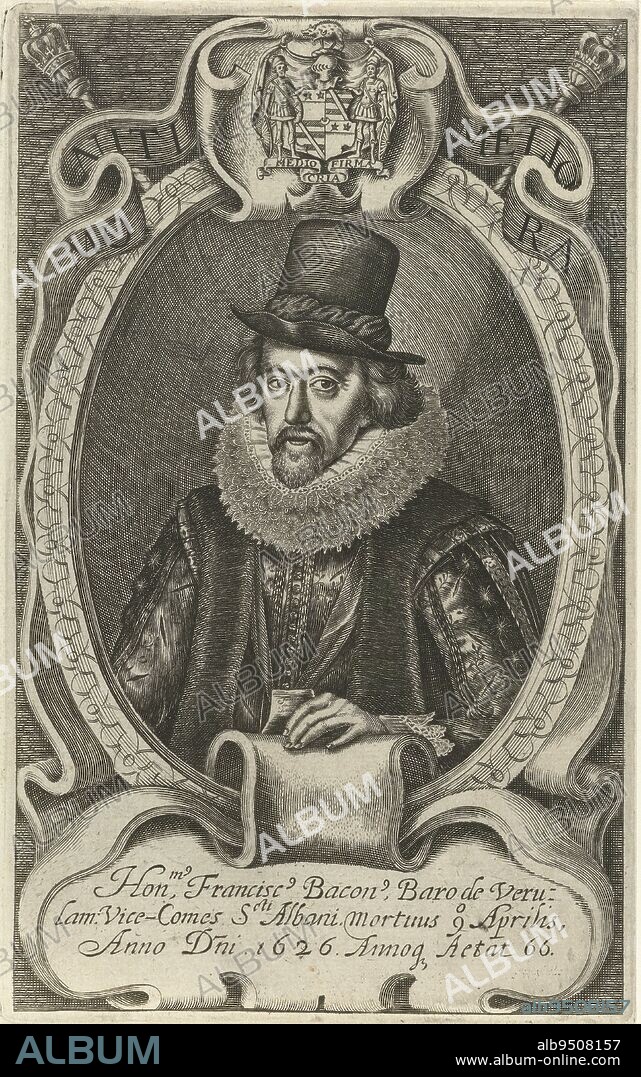 Portrait of scientist Francis Bacon, Simon van de Passe, in or after 1626 - 1647, Portrait of Sir Francis Bacon, British philosopher, scientist and politician, at age 66. The portrait is framed with the coat of arms of the person portrayed and a motto in Latin. In the cartouche, a three-line caption with the name, position and date of death of the person portrayed in Latin., print maker: Simon van de Passe, Copenhagen (city), in or after 1626 - 1647, paper, engraving, h 182 mm × w 113 mm.