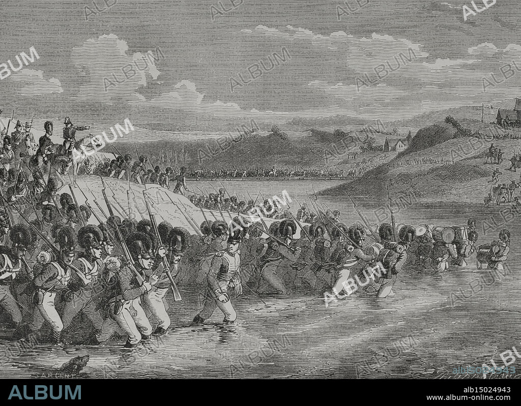 Batalla de Bautzen (20-21 de mayo de 1813). Enfrentó al ejército frances de Napoleón contra el combinado ruso-prusiano en territorio alemán, con victoria francesa. Jornada del 20 de mayo; paso del Spree por la división bávara. Dibujo por Philippoteaux. Grabado por Sargent. "Histoire du Consulat et de l'Empire" (Historia del Consulado y del Imperio), por A. Thiers. Tomo IV. Publicado en Barcelona, 1879.