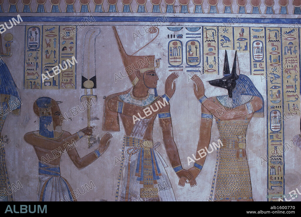 EGYPTIAN ART. Prince Amonchopeshfu, Son of Ramses III, with Mother and Anubis   Artist Unknown (Egyptian)   Fresco   Tomb of Amonchopeshfu, Valley of the Queens, Egypt.