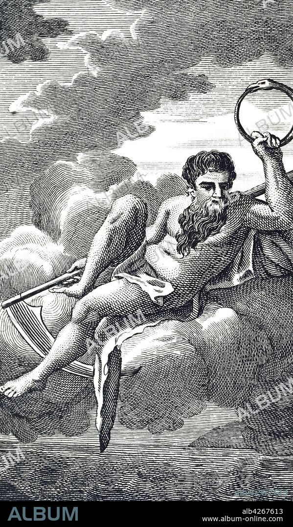 Engraving depicting the Roman God Saturn (Greek Cronus), who devoured all his children save Neptune, Pluto and Jupiter who deposed him. He holds a scythe signifying Time, the Reaper, and his role as god of seedtime and harvest. In his left hand is an Ourobos or tail eating serpent symbolising the eternal cycle of destruction and recreation. Dated 18th century.