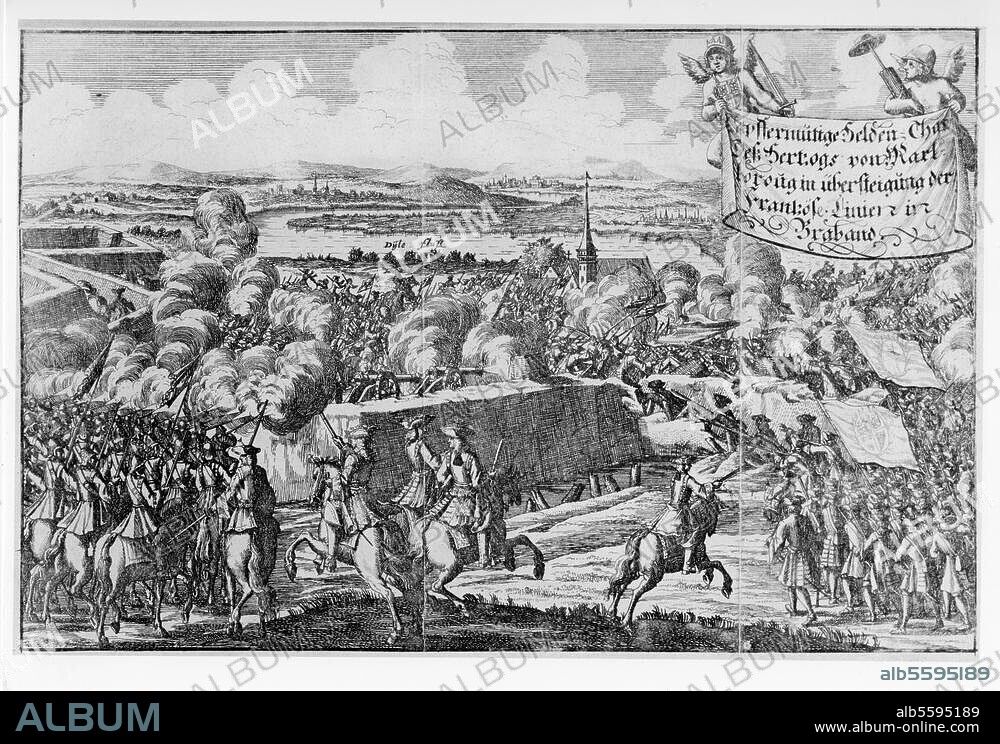 Spanischer Erbfolgekrieg 1701-14. Die Engländer unter Marlborough erstürmen die von Villeroi besetzten Linien in den Niederlanden, 18. Juli 1705. "Tapfermütige Heldentat des Herzogs von Marlborough in Übersteigung der französischen Linien in Brabant". Kupferstich, zeitgenössisch, unbezeichnet.
