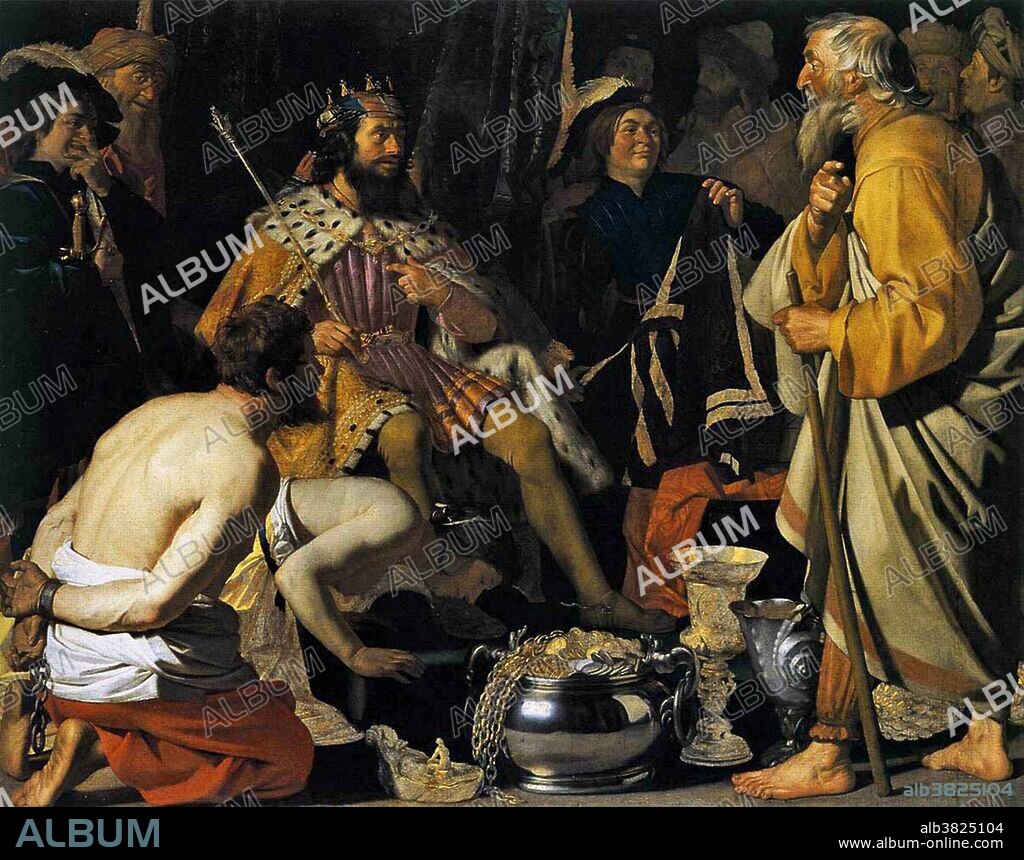 Solon (638-558 BC) was an Athenian statesman, lawmaker, poet and one of the Seven Sages of Greece. He is remembered particularly for his efforts to legislate against political, economic and moral decline in archaic Athens. In this painting Solon is shown visiting Croesus, king of Lydia. Croesus, believed he was the most content and fortunate individual in the world and to prove it, to himself, he asked Solon who the happiest person was. Solon told him Tellus the Athenian who had fought and died for his country and saw his grandchildren all alive and well before he died, was the most fortunate. Not thrilled with the answer Croesus asked who the second happiest man was. Solon told him the brothers Kleobis and Biton were. Croesus was infuriated that he was not among these names and sent Solon away, but before Solon left he explained that fortune is fickle and no one can judge a person's happiness or luck until that person has lived his entire life and passed on to the next. Oil on canvas by Gerrit van Honthorst, Kunsthalle Hamburg Museum, Germany.