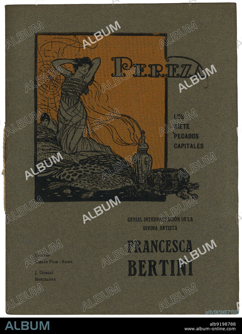 Guión cinematográfico basado en la novela Los siete pecados capitales, la Pereza, de Eugéne Sue; película interpretada por la actriz italiana de cine mudo Francesca Bertini (1892-1985), producida por Caesar Film, de Roma y distribuida en España por J. Gurguí, de Barcelona. Año 1919.