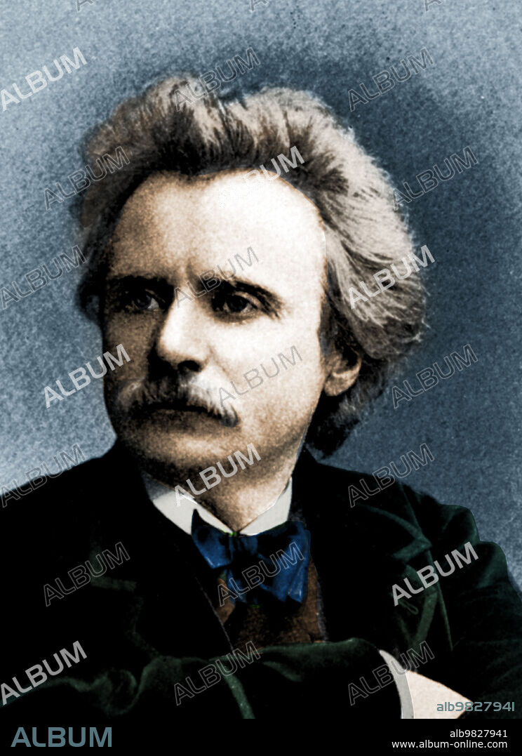 Edvard Hagerup Grieg (June 15, 1843 - September 4, 1907) was a Norwegian composer of the Romantic era and pianist. As a composer Edvard Grieg was fortunate to be a success while still alive and he became famous and relatively wealthy. He is best known for his Piano Concerto in A minor and Peer Gynt (which includes Morning Mood and In the Hall of the Mountain King). No photographer credited, undated (cropped and cleaned).