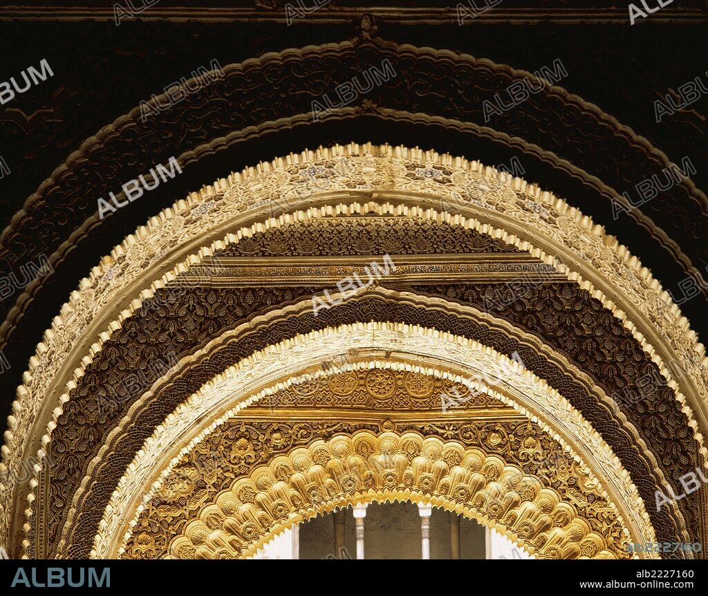Spain. Granada. Alhambra. Royal Palace. Detail of stucco arches that communicates the Hall of Abencerrajes with the Patio of the Lions.