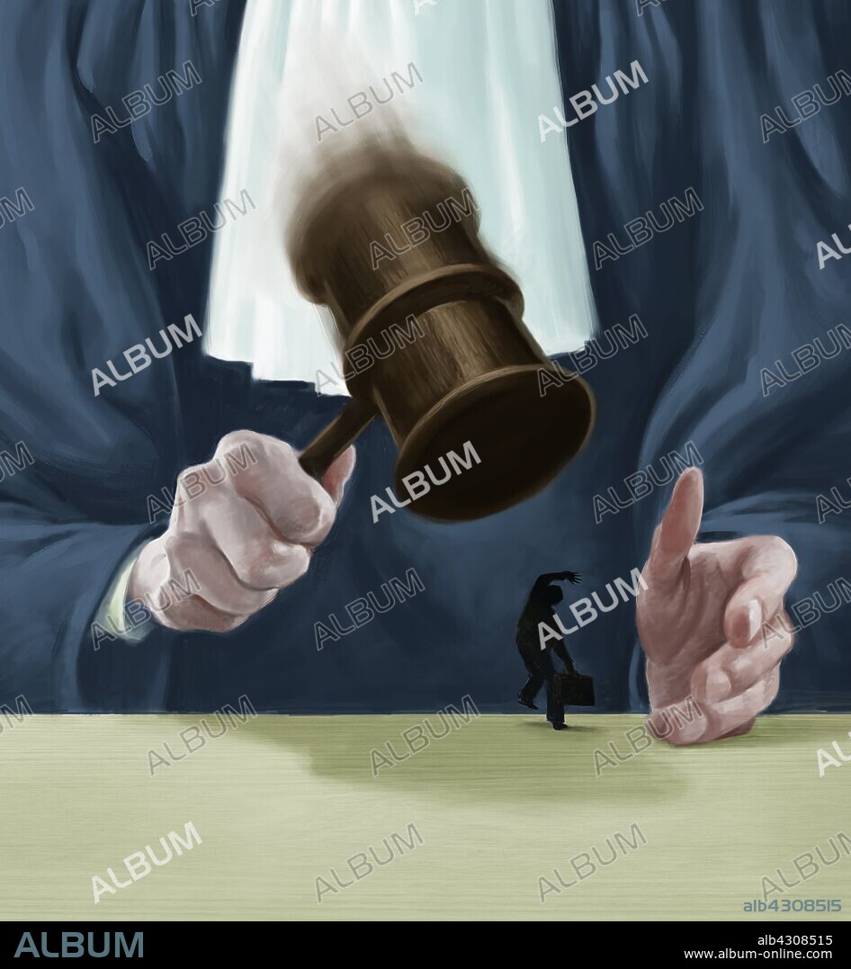 Large judge banging gavel on small businessman.