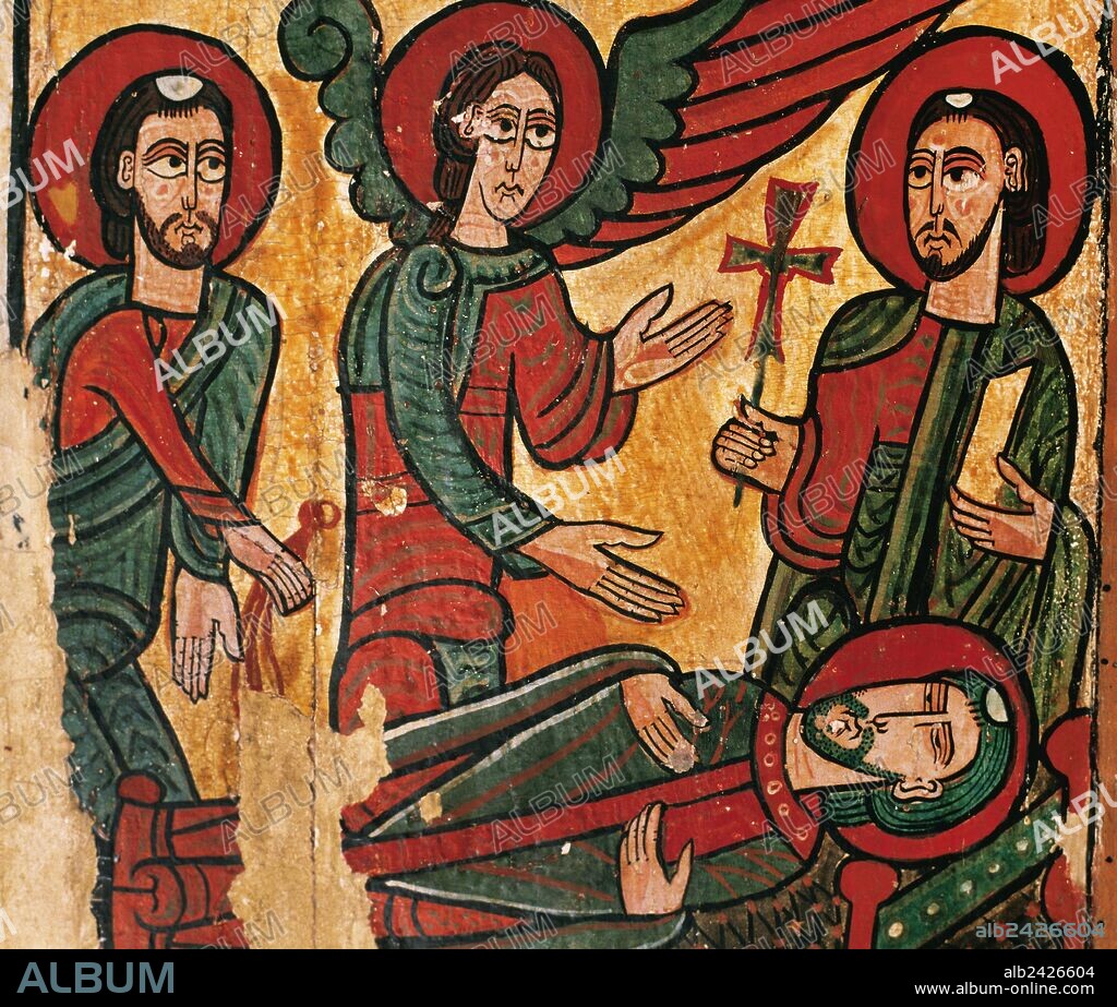 ARTE ROMANICO. ESPAÑA. "FRONTAL DE SAN MARTIN DE TOURS". Pintura sobre tabla (siglo XII). Procede de Sant Martí de Puigbó (comarca de El Ripollès). Tamaño: 96 x 122 x 6 cm. Las pinturas representan escenas de la vida del santo obispo de Tours. Detalle de la pintura donde se representa EL ALMA DE SAN MARTIN LLEVADA AL CIELO POR DOS ANGELES. Museu Episcopal de Vic. Provincia de Barcelona. Comarca de Osona. Cataluña.