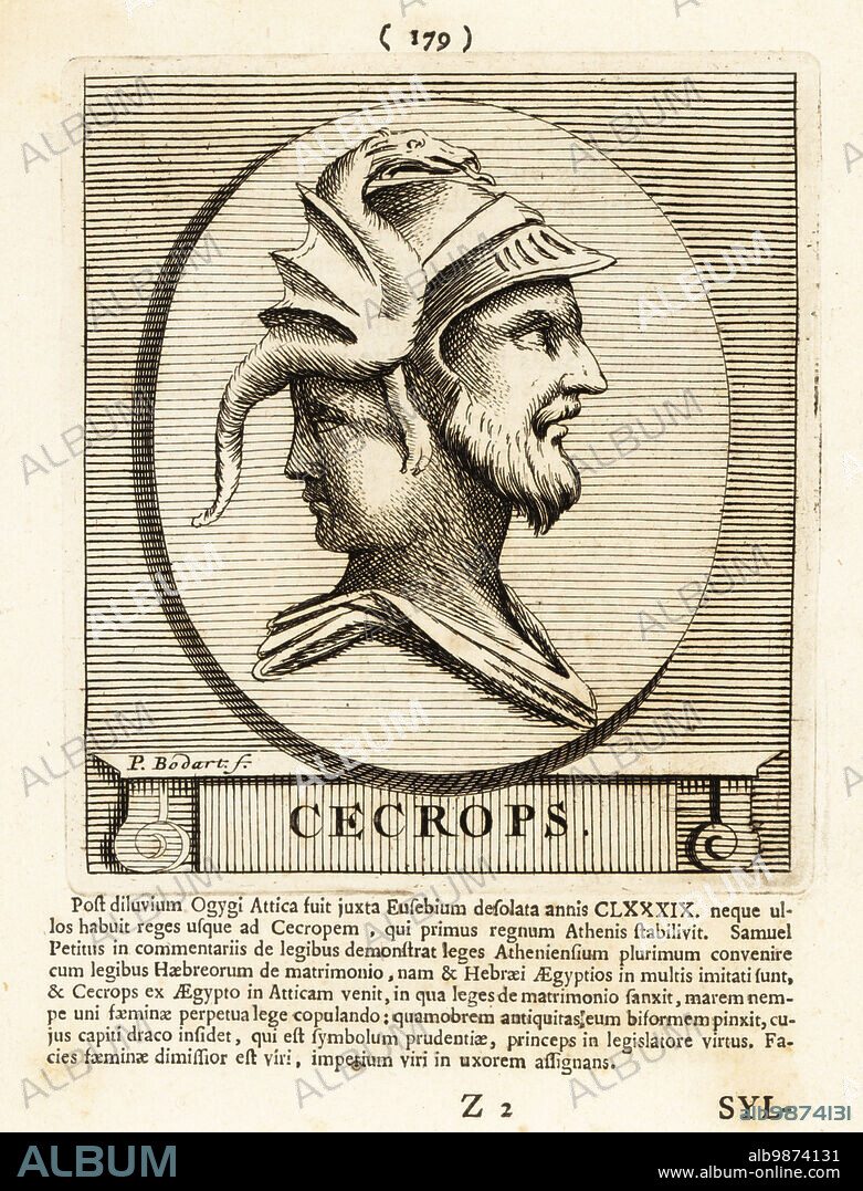 Kekrops or Cecrops I, mythical king of Attica, founder and the first king of Athens, Greece. With two faces, one young and one old, In helmet decorated with a dragon. Cecrops. Copperplate engraving by Pieter Bodart (1676-1712) from Henricus Spoors Deorum et Heroum, Virorum et Mulierum Illustrium Imagines Antiquae Illustatae, Gods and Heroes, Men and Women, Illustrated with Antique Images, Petrum, Amsterdam, 1715. First published as Favissæ utriusque antiquitatis tam Romanæ quam Græcæ in 1707. Henricus Spoor was a Dutch physician, classical scholar, poet and writer, fl. 1694-1716.