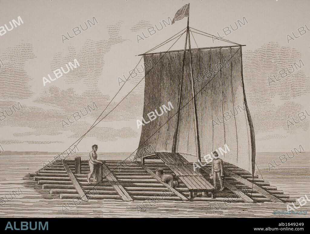A bolsa wood raft from South America. From a print dated 1820 engraved by Milton after W. Anderson.