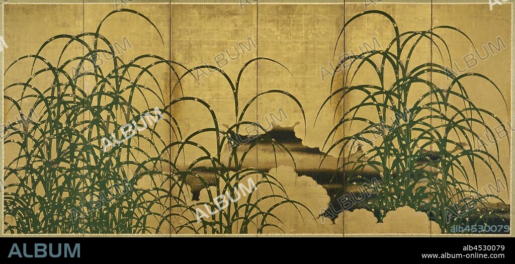 Unknown (Japanese), Pampas Grass, ca. 1615, ink, color paint, gold, and clam shell gesso on paper, Overall (fully open): 71 1/4 × 149 3/8 inches (181 cm × 3 m 79.4 cm).