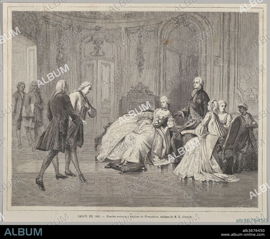 AFTER ÉDOUARD GÉRARD. Boucher présenté à Madame de Pompadour (Boucher presented to Madame de Pompadour) from Le Monde Illustré. Artist: After Édouard Gérard (French, active Paris 1845-1876 Paris). Dimensions: Image: 8 1/4 × 10 1/2 in. (21 × 26.7 cm)
Sheet: 9 5/16 × 11 1/4 in. (23.6 × 28.5 cm). Engraver: Henry Linton (British, London 1815-1899). Subject: François Boucher (French, Paris 1703-1770 Paris). Date: June 29, 1861.
Linton's print reproduces a painting by Gérard that depicts the introduction of the painter François Boucher to Madame de Pompadour, a leading member of the French royal court and the official mistress of King Louis XV from 1745 to her death in 1764. The relationship between Boucher and his patroness was fruitful and resulted in many commissions for the artist. Boucher's art epitomized the ancien regime--the period preceding the downfall of the French monarchy at the end of the eighteenth century--the opulence of which was a source of much fascination in the nineteenth century. The painting was shown at the Paris Salon in 1861, and this illustration accompanied a review of the exhibition in the contemporary press.
