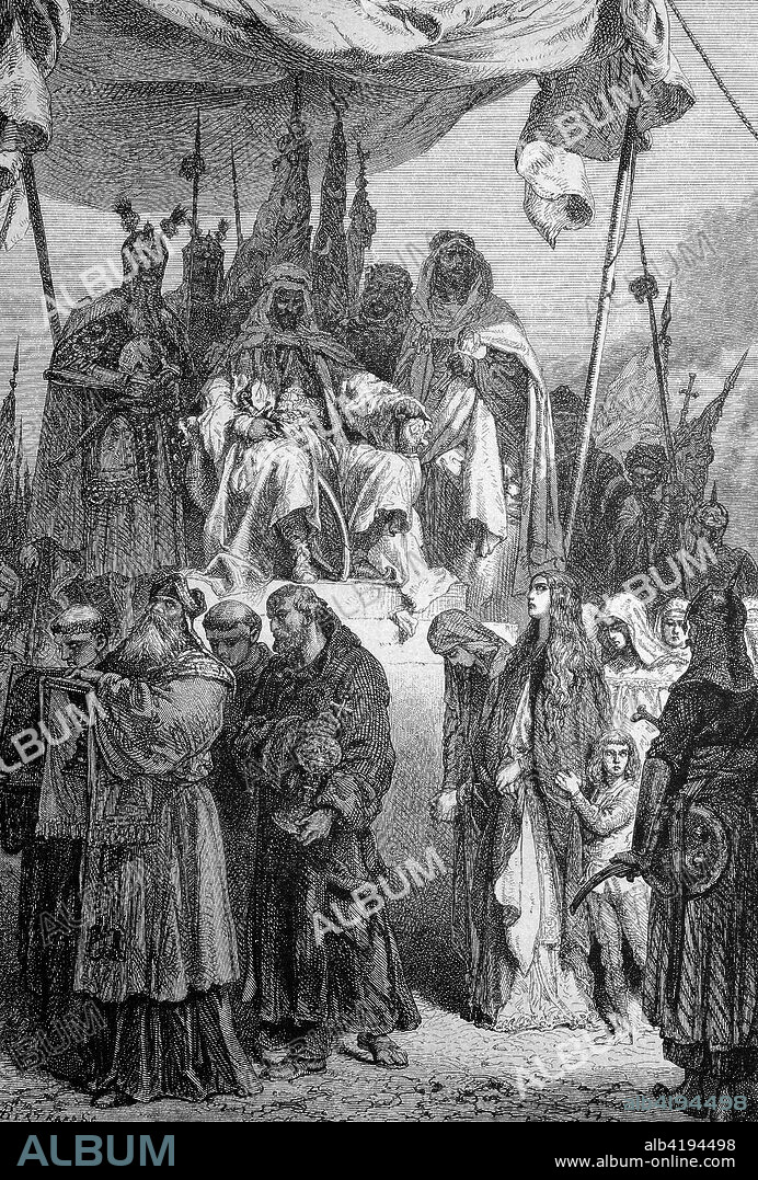 After the conquest of Jerusalem, Saladin lets the captured Christians pass by, Saladin l??t nach der Eroberung von Jerusalem die gefangenen Christen an sich vor?berziehen. An-Nasir Salah ad-Din Yusuf ibn Ayyub, known as Saladin, 1137 - 1193, was the first sultan of Egypt and Syria and the founder of the Ayyubid dynasty, digital improved reproduction of a woodcut from the year 1885.