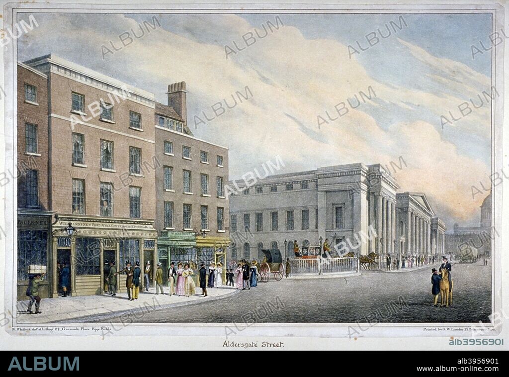Aldersgate Street, City of London, c1830. View along Aldersgate Street showing Williams's New Post Office Coffee House, Tavern and Hotel and the premises of W Mathews, hosier and glover (no 60), as well as the businesses of Faulkner and De Grave & Son. The General Post Office is in the distance.