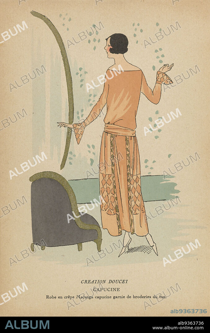 Très Parisien ,1923, No. 3: CREATION DOUCET: CAPUCINE..., Design by Doucet. Dress of 'crepe Majunga capucine' decorated with embroidery in the same color. Print from the fashion magazine Très Parisien (1920-1936)., print maker: anonymous, Jacques Doucet (mentioned on object), Paris, 1923, paper, paint (coating), letterpress printing, brush, height 269 mm × width 180 mm.