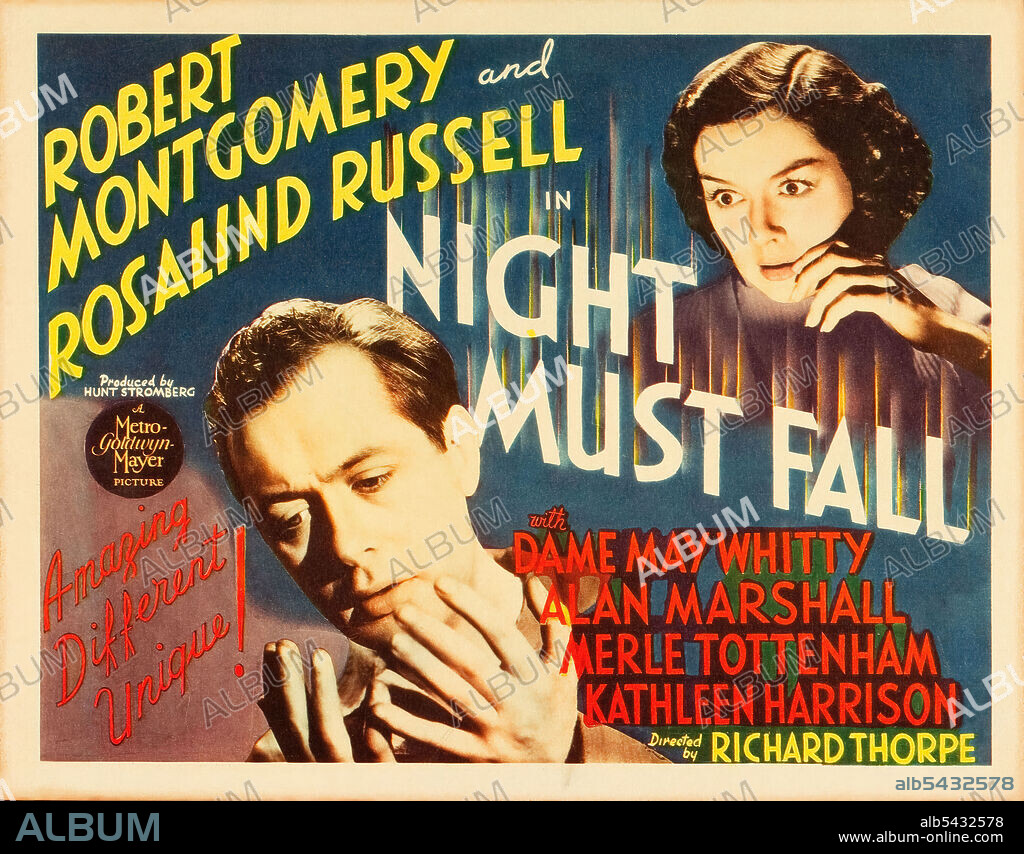 ROBERT MONTGOMERY y ROSALIND RUSSELL en AL CAER LA NOCHE, 1937 (NIGHT MUST FALL), dirigida por RICHARD THORPE. Copyright M.G.M.