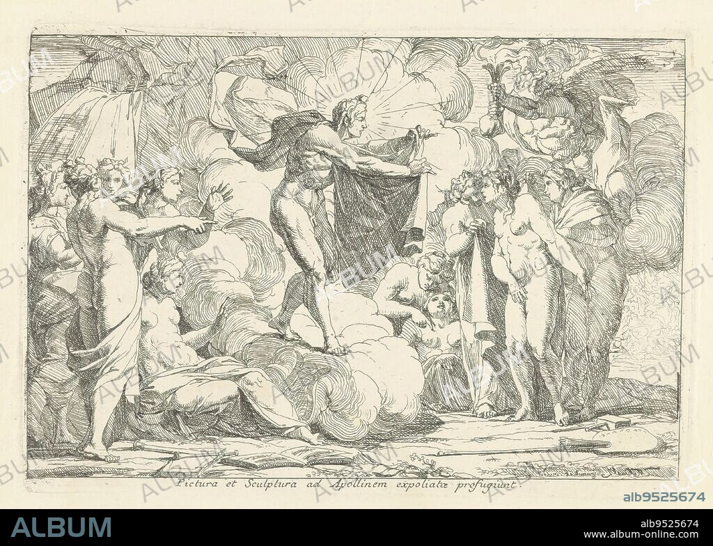 Painting and Sculpture seek refuge with Apollo, The naked, female personifications of Painting and Sculpture are literally left out in the cold and seek refuge on the Olympus with Apollo and the muses who lovingly cover them with cloaks., print maker: Antoine Rivalz, (mentioned on object), France, c. 1725, paper, etching, height 153 mm × width 211 mm.