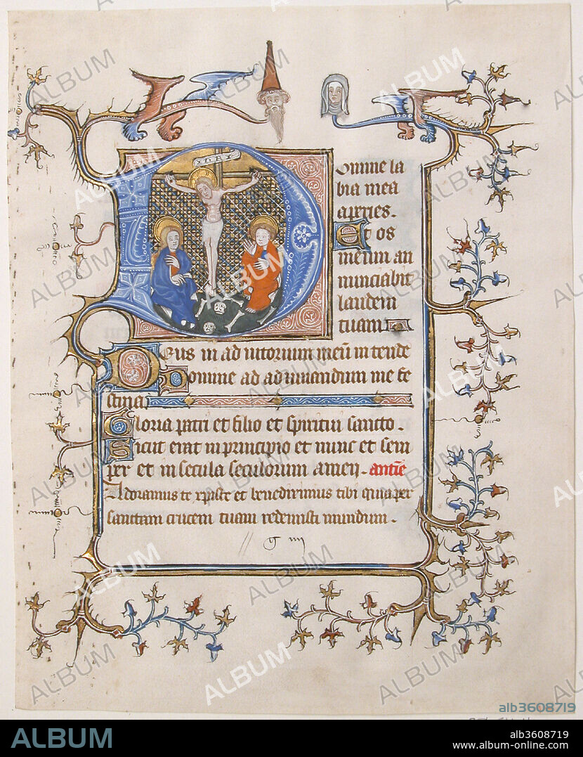 Manuscript Leaf with the Crucifixion in an Initial D, from a Book of Hours. Culture: North French. Dimensions: Overall: 8 3/16 x 6 1/2 in. (20.8 x 16.5 cm)
Study mat size: 12 x 9 15/16 in. (30.5 x 25.3 cm). Date: ca. 1350.
The Crucifixion serves as a kind of bookmark at the beginning of the Hours of the Cross, which tell of Christ's Passion. This cycle of Latin prayers is to be said privately at seven different periods during the day. The winged creatures with human heads inject a note of bizarre humor to the sobering scene of Jesus' death.