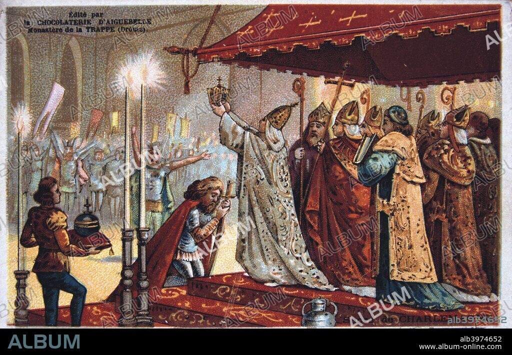 The Crowning of Charlemagne, 800 AD, (19th century). Charlemagne (c742-814), king of the Franks (768-814) was crowned Holy Roman Emperor in 800 AD by Leo III. Charlemagne's kingdom included almost all of western and central Europe. Card from a series produced by the chocolate factory at the Monastery of Aiguebelle.