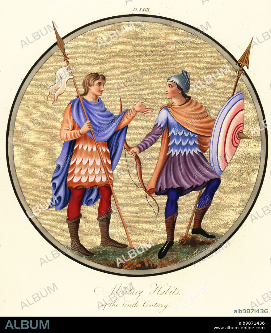 Anglo-Saxon soldiers wearing breastplate and skirts of scale armour. Soldier in helmet, mantle and boots with bow, shield and lance, with standard bearer. Military habits of the 10th century. From the Harley Psalter, Harley MS 603. Handcoloured engraving by Joseph Strutt from his Complete View of the Dress and Habits of the People of England, Henry Bohn, London, 1842.