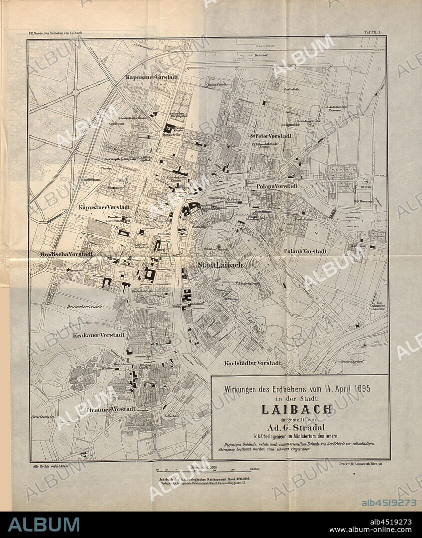 Effects of the earthquake of April 14, 1895 in the city of Ljubljana presented by Ad. G. Stradal ..., Map of the buildings to be demolished after the earthquake of 14th April 1895 in Ljubljana, Signed: Ad by., G. Stradal; Pressure of, Th. Bannwarth, Plate VIII, Stradal, Ad. G. (dargest.); Bannwarth, Th. (gedr.), 1896, Franz E[duard] Suess: Das Erdbeben von Laibach am 14. April 1895. Wien: K.K. geologische Reichsanstalt, 1897.