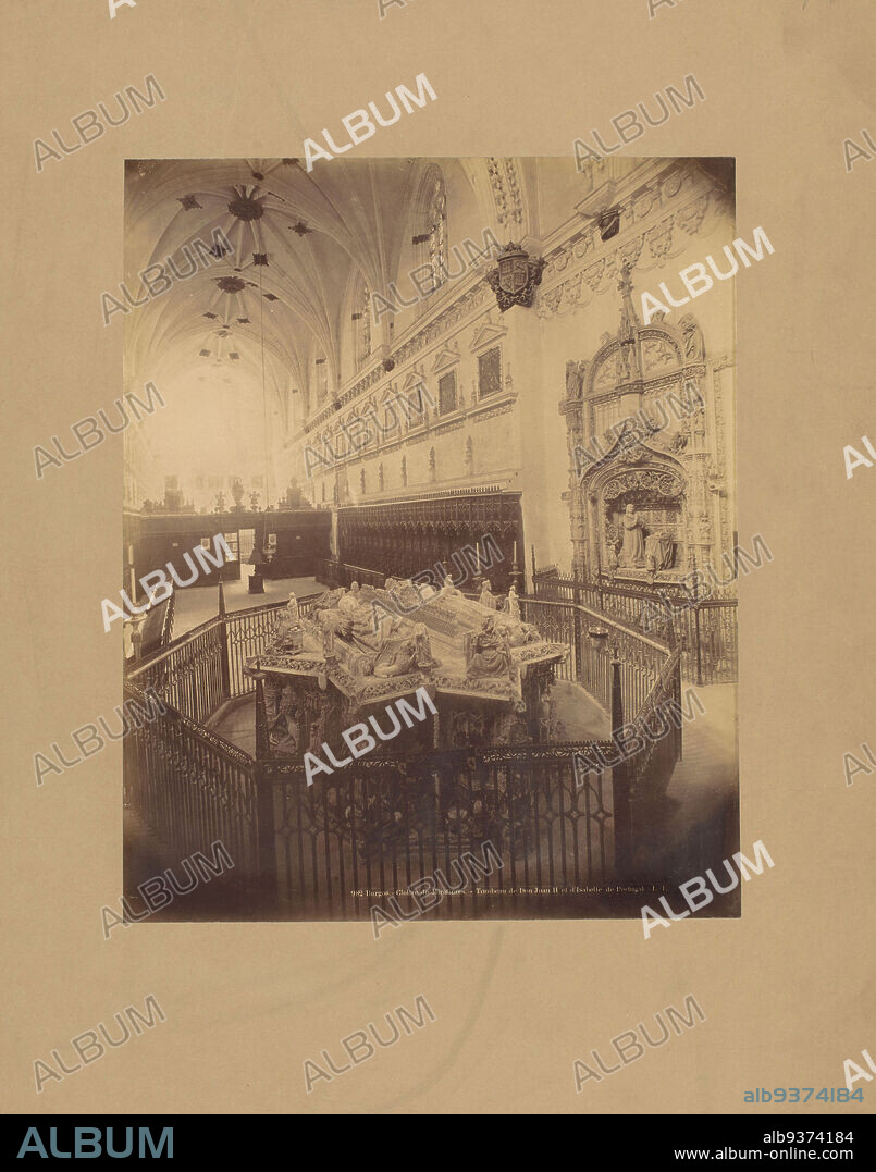 Interior of the Carthusian monastery of Miraflores at Burgos, with the tomb of King Johan II of Castile and Isabella of Portugal in the foreground, Burgos.- Cloître de Miraflores. - Tombeau de Don Juan II et d'Isabelle de Portugal. (title on object), anonymous, Kartuizerklooster van Miraflores, c. 1875 - c. 1900, cardboard, albumen print, height 282 mm × width 225 mm.