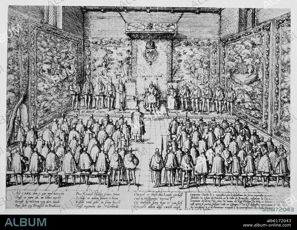 FRANS HOGENBERG (1535-1590). CARLOS V ABDICA DE LOS PAISES BAJOS EL 25 DE OCTUBRE DE 1555 EN EL PALACIO REAL DE BRUSELAS - GRABADO SIGLO XVI.