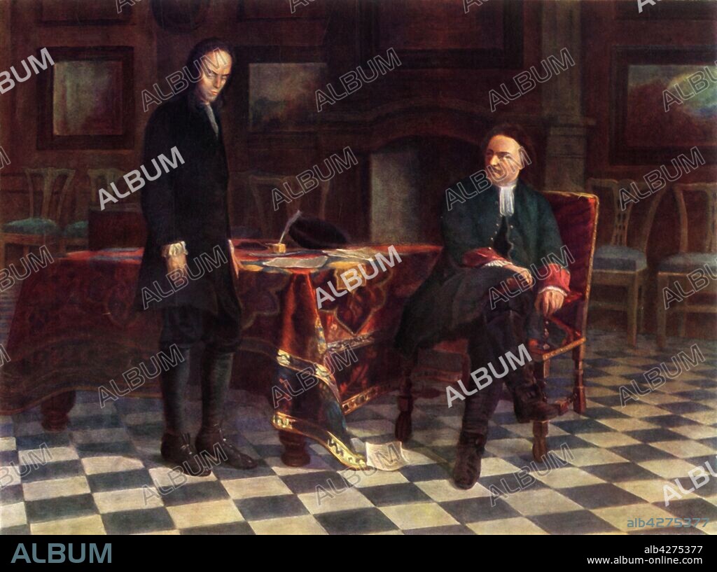 NIKOLAY GE. 'Peter I. Interrogates Tsarevich Alexei Petrovich', 1871, (1965). Alexei Petrovich, Tsarevich of Russia (1690-1718) is grilled by his father Tsar Peter I (Peter the Great, 1672-1725). Alexei was condemned to death for conspiring rebellion against his father. Painting, also known as 'Peter the Great Interrogating the Tsarevich Alexei Petrovich in Peterhof', in the State Tretyakov Gallery, Moscow. From "Russian Painting of the 18th and 19th Centuries" by Vladimir Fiala. [Artia, Czechoslovakia, 1965].