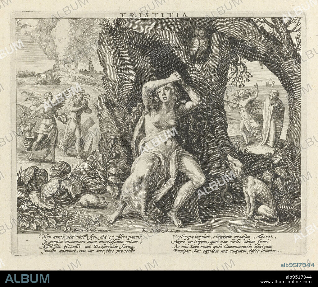 In the foreground a half-naked young woman sits in front of a cave. She is the personification of Sadness and holds up her hands. Surrounding her are four animals: owl, snake, rat and a howling dog. On the left of the center plan a woman with a snake head eating a heart (the personification Anger/Invidia) and a devil holding a snake in both hands (the personification Envy/Zelotypia). On the right of the center plan is a woman with a dagger in her breast (the personification Despair/Desperatio) and a praying woman (Lamentation/Commiseratio). In the background, the siege of a city (left) and a shipwreck (right). With Latin explanation in caption. The third print of a four-part series on negative human traits, Sadness Tristitia Four negative human traits (series title), print maker: Raphaël Sadeler (I), (mentioned on object), Maerten de Vos, (mentioned on object), publisher: Raphaël Sadeler (I), (mentioned on object), Cologne, 1592, paper, engraving, w 180 mm × h 149 mm.
