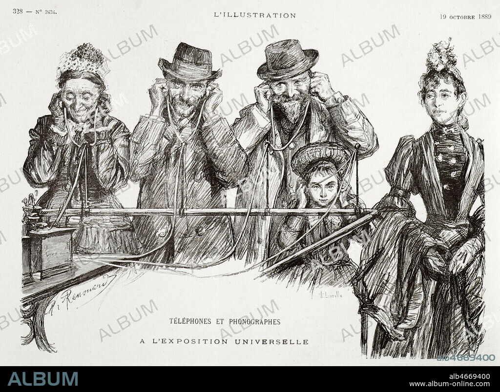 'Telephones et phonographes, a l'exposition universelle' de 1889. Le theatrophone, systeme mis au point par Clement ADER (1841-1925) permet d' entendre a l'aide des telephones les representations de l'Opera. Gravure publiee en octobre 1889. Credit : Collection KHARBINE-TAPABOR.