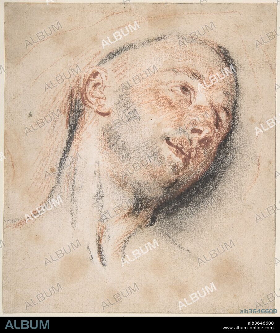 Head of a Man. Artist: Antoine Watteau (French, Valenciennes 1684-1721 Nogent-sur-Marne). Dimensions: 5 7/8 x 5 3/16 in. (14.9 x 13.1 cm). Date: ca. 1718.
This expressive sheet is a study for the man's head in Watteau's painting Mezzetin, also in the Museum's collection (34.138). Mezzetin was a character in the popular commedia dell'arte, typically amorous and sentimental. In the Museum's painting, he sits on a stone bench outside a building, playing a guitar and gazing plaintively at an unseen window. The artist placed a female garden statue in the woods behind the Mezzetin, its back turned to the actor, suggesting an unrequited love. In this robust red and black study, Watteau established the angle of the head, the uplifted eyes, and the parted lips that were carried over into the painting. In its emotional force and the melding of the two colors of chalk, this sheet recalls the precedent of Rubens, an artist much admired by Watteau.