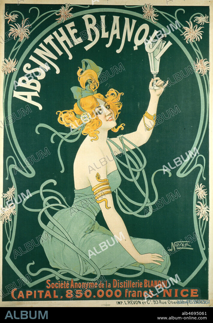 Affiche publicitaire pour l'absinthe Blanqui illustree par NOYER vers 1900. Style Art Nouveau. Credit : Coll. Perrin/KHARBINE-TAPABOR.