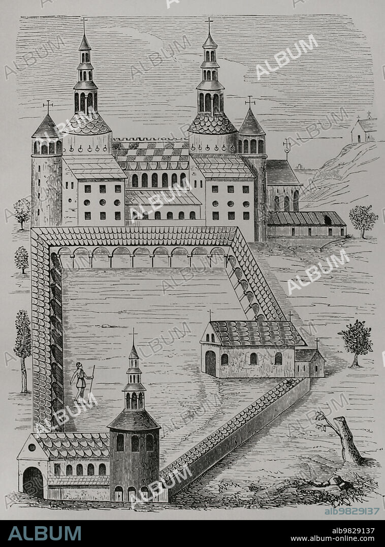 Francia. Abadía de Saint-Riquier (abadía de San Ricario). Fundada por San Ricario hacia el año 625. Angilberto de Centula, abad de Saint-Riquier desde el año 790, reconstruyó la abadía e hizo construir tres iglesias, trabajos que terminaron en el 799. Facsímil del siglo XIX de un grabado en "Disertation de Paul Pétau", De Nithardo, 1612. "Vie Militaire et Religieuse au Moyen Age et à l'Epoque de la Renaissance". París, 1877.
