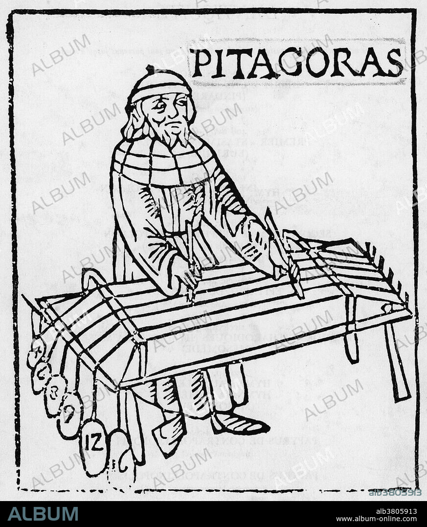 Woodcut by Gafurius of Pythagoras called "Theorica Musicae" (1492). Pythagoras used a device with a set of weighted strings to determine the mathematical relationships between frequencies of notes in the musical scale. Pythagoras of Samos (570 - 495 BC) was an Ancient Greek philosopher, mathematician, and founder of the religious movement called Pythagoreanism. He made influential contributions to philosophy and religion and is often revered as a great mathematician, mystic, and scientist. He is best known for the Pythagorean theorem in geometry that states that in a right-angled triangle the area of the square on the hypotenuse, the side opposite the right angle, is equal to the sum of the areas of the squares of the other two sides. Many of the accomplishments credited to Pythagoras may actually have been accomplishments of his colleagues and successors. It was said that he was the first man to call himself a philosopher, or lover of wisdom, and Pythagorean ideas exercised a marked influence on Plato, and through him, all of Western philosophy. No texts by Pythagoras are known to have survived. He is said to have died in Metapontum.