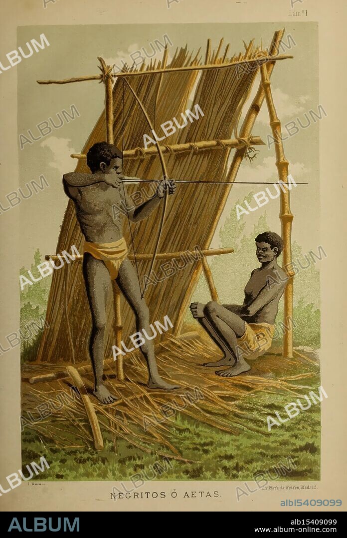 Bosquejo geografico e historico-natural del archipielago Filipino por Don Ramon Jordana y Morera, Madrid, Impr. de Moreno y Rojas, 1885, Philippines, natural history, description and travel, Two young males are depicted in an outdoor setting, engaged in traditional activities reflective of their cultural heritage. One individual stands confidently with a bow in hand, poised to shoot an arrow, while a second individual sits nearby, observing the activity. Both are dressed minimally, highlighting their connection to their environment. In the background, a structure made of bamboo and thatch suggests an area related to their daily life or shelter. The scene captures a moment of both skill and camaraderie, emphasizing the skills and practices of their community.