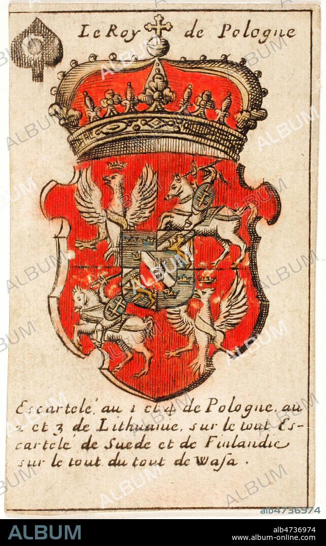 Le Roy de POLOGNE - Cartes d'Armoiries de l'Europe. Jeu héraldique par Cl. Oronce Fine de Brianville, Lyon, fin XVIIe siecle. Eau forte rehaussée à la gouache. Credit MIGNY/KHARBINE TAPABOR.