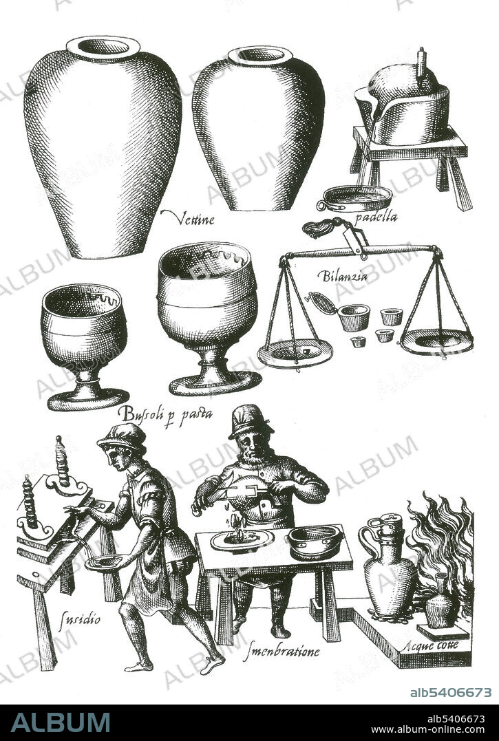 Plate 12: Vessels, apparatus. Bartolomeo Scappi (1500, April 13, 1577) was a famous Italian Renaissance chef. As head chef for popes and cardinals he prepared banquets for the most powerful men on earth. He acquired fame in 1570 when his monumental cookbook Opera dell'arte del cucinare was published. It was the world's first illustrated cookbook, a colossal tome that includes a thousand recipes of the Renaissance cuisine and describes cooking techniques and tools, giving the first known picture of a fork. Lavish woodcuts illustrate the perfect layout of a kitchen, the range of pots, pans, knives, and other utensils needed to run a high-quality kitchen. Between 1570 and 1646, the book went through eight print runs, and versions of his recipes were borrowed for other publications in England, France, Germany, and Spain.