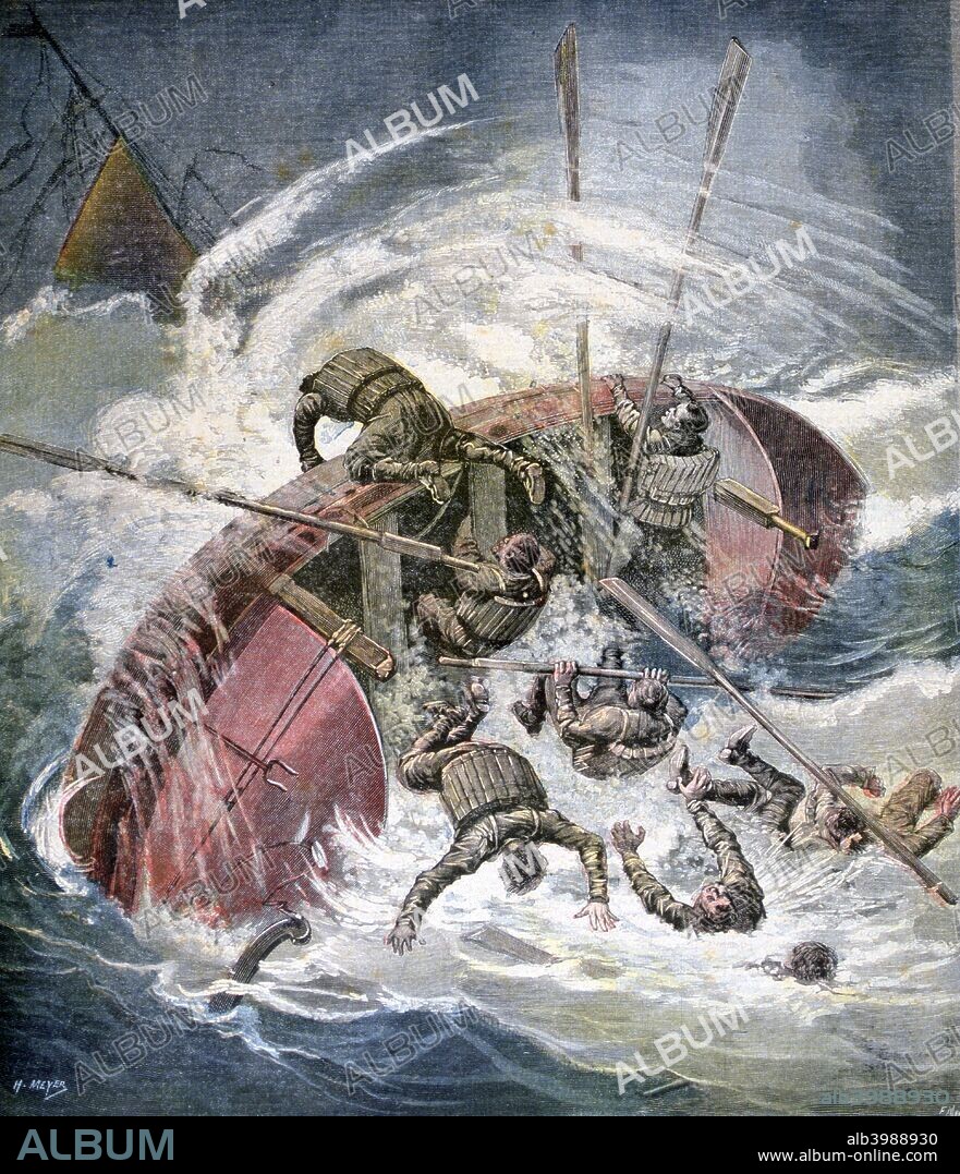 HENRI MEYER. Rescue from a shipwreck in a storm off Les Sables-d'Olonne, France, 1891. A print from a supplement to the "Le Petit Journal", 28th November 1891.
