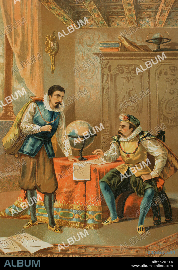 El astrónomo danés Tycho Brahe (1546-1601) junto al astrónomo alemán Johannes Kepler (1571-1630). Kepler aceptó la invitación de Brahe de trabajar juntos en Praga. Tycho Brahe y Johannes Kepler en el observatorio de Praga. Cromolitografía. Historia Universal, por César Cantú. Tomo VIII. Publicado en Barcelona, 1886.