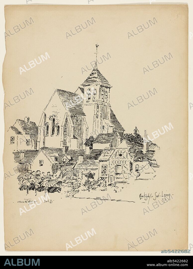 GEORGE WASHINGTON MAHER. Church at Montigny-Sur-Loing, France, Travel Sketch, 1891.