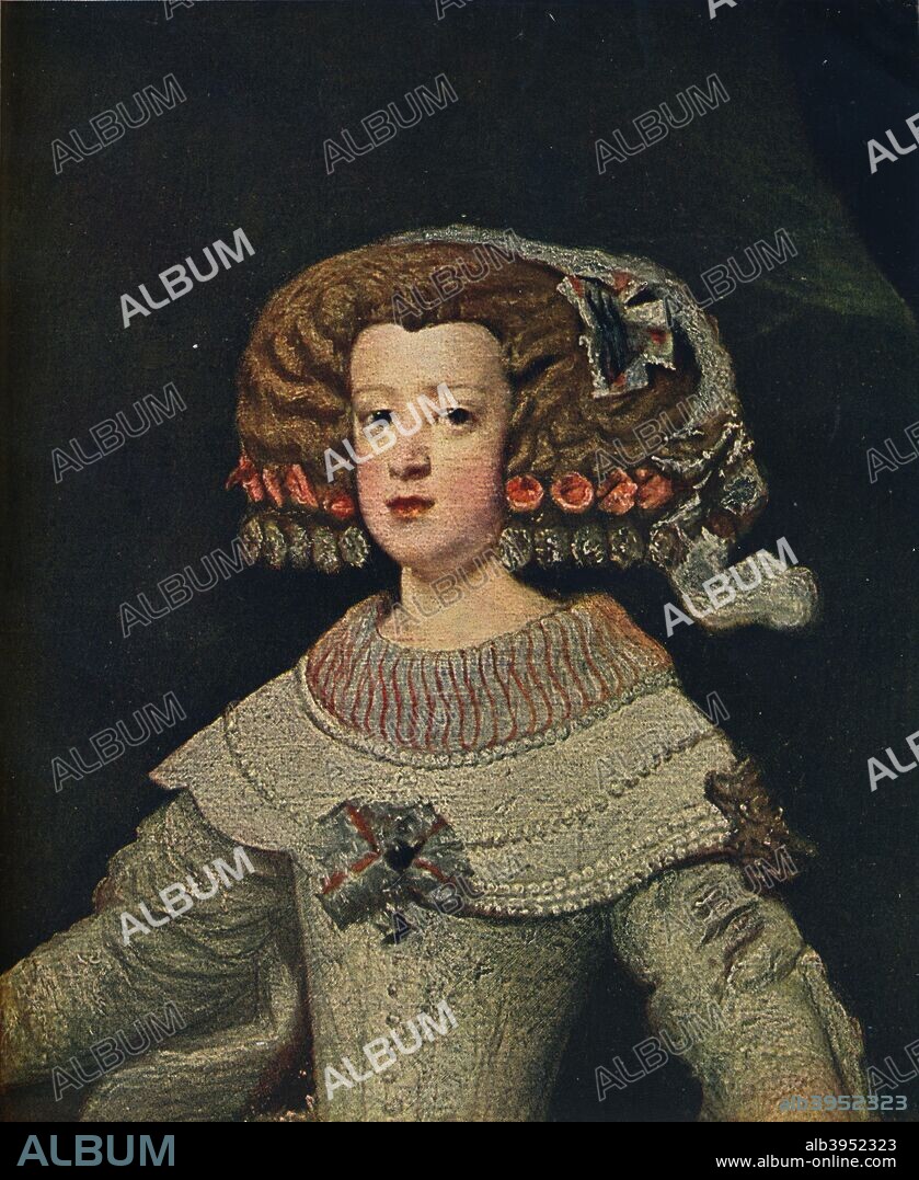 Portrait De La Reine Marie-Anne', (Mariana of Austria), 1652, (1910). Queen consort of Spain as the second wife of King Philip IV, who was also her maternal uncle. Queen Mariana (1634-1696)  is also known as a benefactress for funding in the mid-17th century the Jesuit voyage of Blessed Father Diego Luis de San Vitores and Saint Pedro Calungsod to Guam, in order to Catholicize the indigenous Chamoru people of her namesake Mariana Islands. OIl on canvas. From The Connoisseur Vol XXVIII. [Otto Limited, London, 1910].