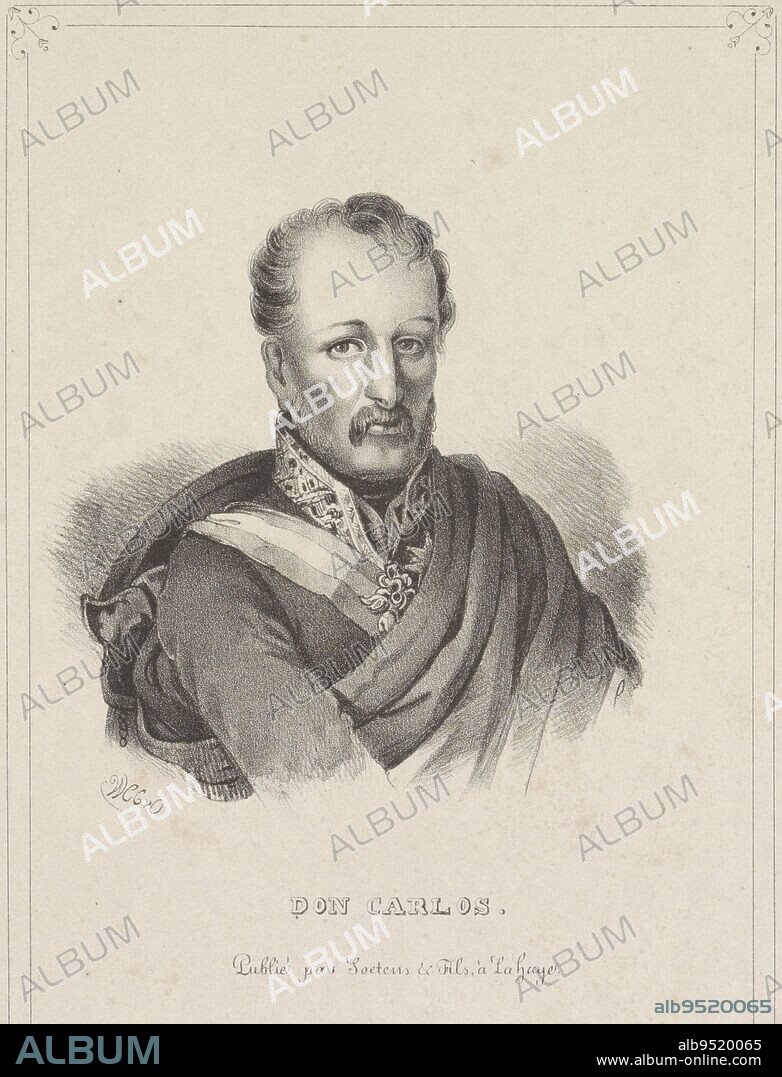 The person portrayed is wearing a military uniform, a sash and decorations. Beneath the portrait his name, Portrait of Carlos MarIsidro Benito de Borbn y Borbn-Parma., print maker: Wilhelmus Cornelis Chimaer van Oudendorp, (mentioned on object), printer: Soetens & Fils, (mentioned on object), publisher: Soetens & Fils, (mentioned on object), print maker: Netherlands, printer: The Hague, publisher: The Hague, 1832 - 1873, paper, h 226 mm × w 155 mm.