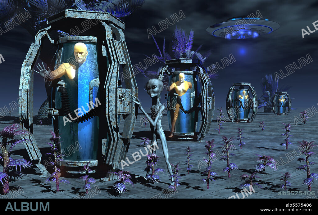 Grey Aliens activating bio-transport containers, awaking humanoid clones, which are part of their genetic experiments involving human hybrid research.