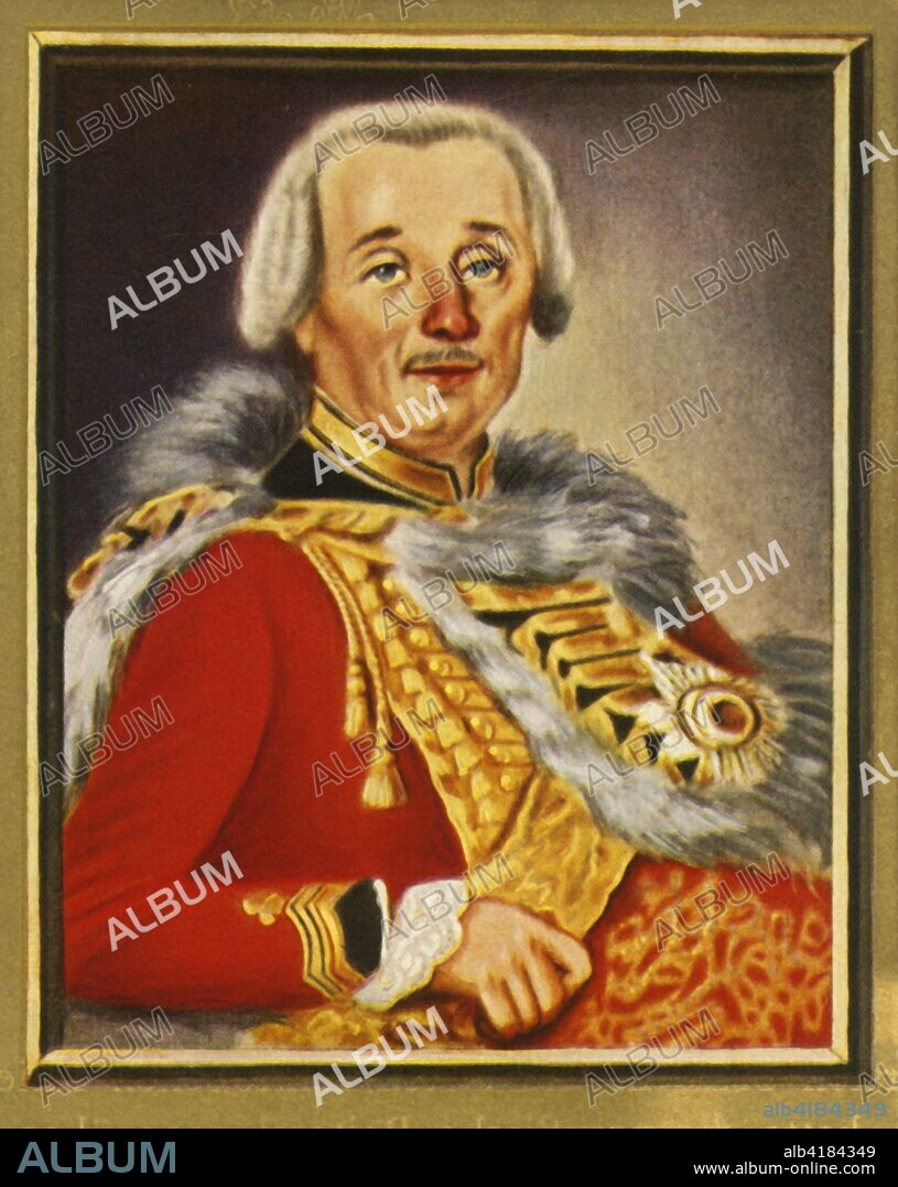 'Hans Joachim Von Ziethen', (1933). Portrait of Hans Joachim von Zieten (1699-1786) also known as Zieten aus dem Busch, a cavalry general in the Prussian Army. He served in four wars and was instrumental in several victories during the reign of Frederick the Great, most particularly at Hohenfriedberg and Torgau. After a miniature by Daniel Chodowiecki. From "Gestalten Der Weltgeschichte", a book of cigarette-card portrait miniatures of figures in world history from the last four hundred years. [Germany, 1933].