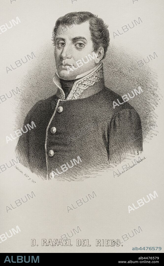 Rafael del Riego (1784-1823). Militar y político liberal español. Dibujo por J. Cebrian. Crónica General de España, Historia Ilustrada y Descriptiva de sus Provincias. Tomo Asturias y León, 1867. Biblioteca Histórico Militar de Barcelona, Cataluña, España.