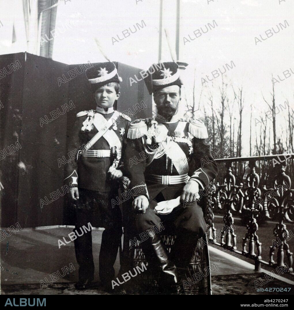Tsar Nicholas II of Russia with his son, Alexei the Tsarevich. Alexei Nikolaevich (1904 – 17 July 1918)  the Tsarevich of the Russian Empire. He was the youngest child and only son of Emperor Nicholas II and Empress Alexandra Feodorovna. He was born with haemophilia, his mother's reliance on the faith healer Grigori Rasputin to treat the disease helped bring about the end of the Romanov dynasty.